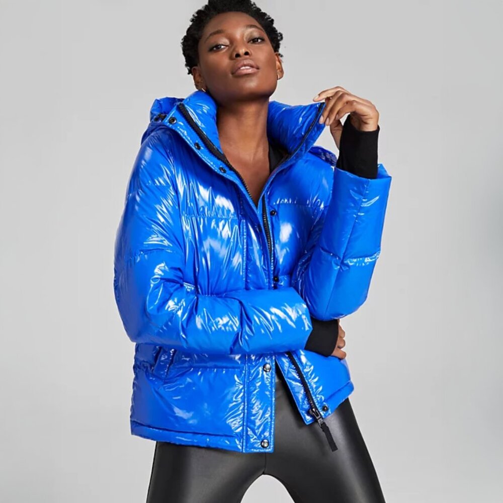 S13 Shiny Blue Down Collared Hooded Down Winter Puffer Coat